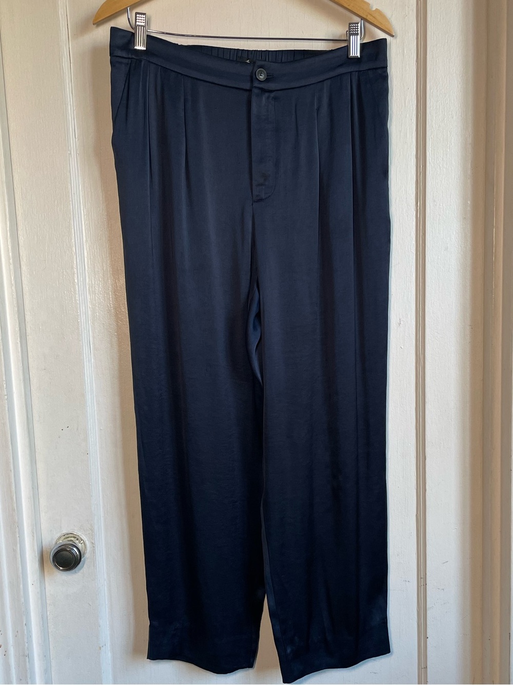 Madewell Satin Pants L Navy Blue Wide Leg Pull On Trousers Elastic Waist AF138